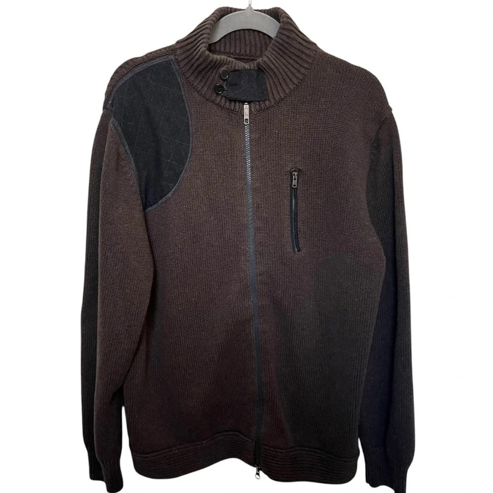 Viyella Mens Brown Full Zip Cotton Cardigan Sweater Shooting Patch XL‎